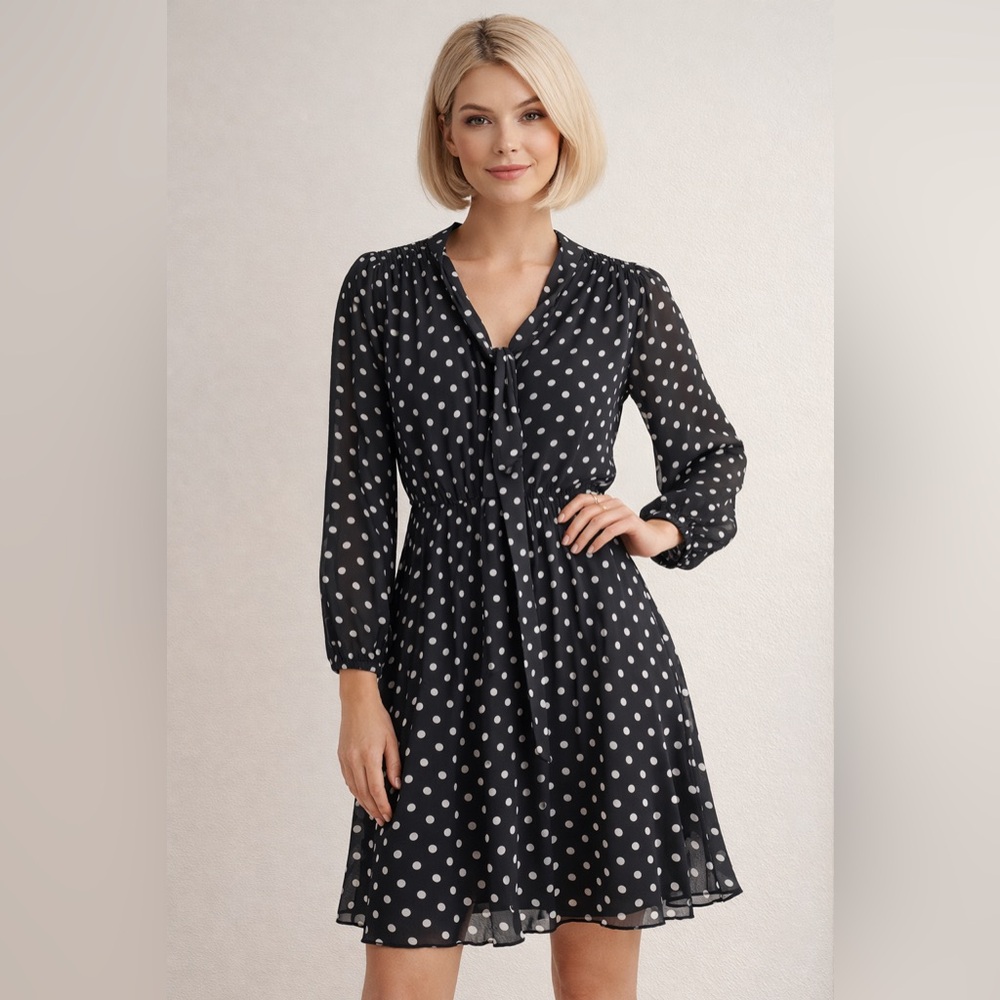 Forever 21 Black and White Polka Dot Tie-Neck Long Sleeve Dress